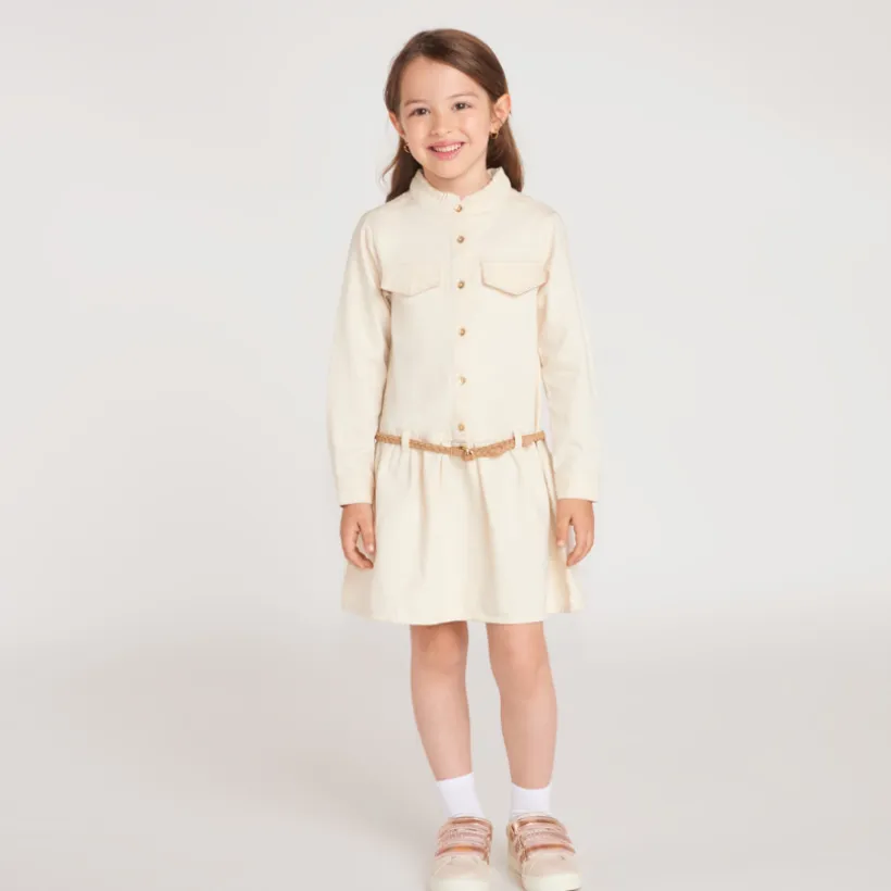 Robe chemise fille manches longues avec ceinture tressée