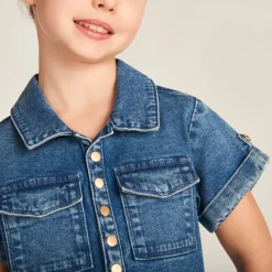 Robe chemise manches courtes en jean pour fille