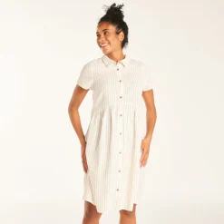 Robe chemise manches courtes en toile à rayures pour femme enceinte