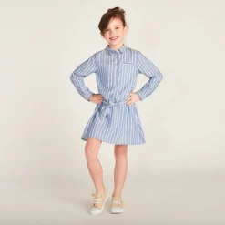 Robe chemise manches longues à rayures avec ceinture pour fille