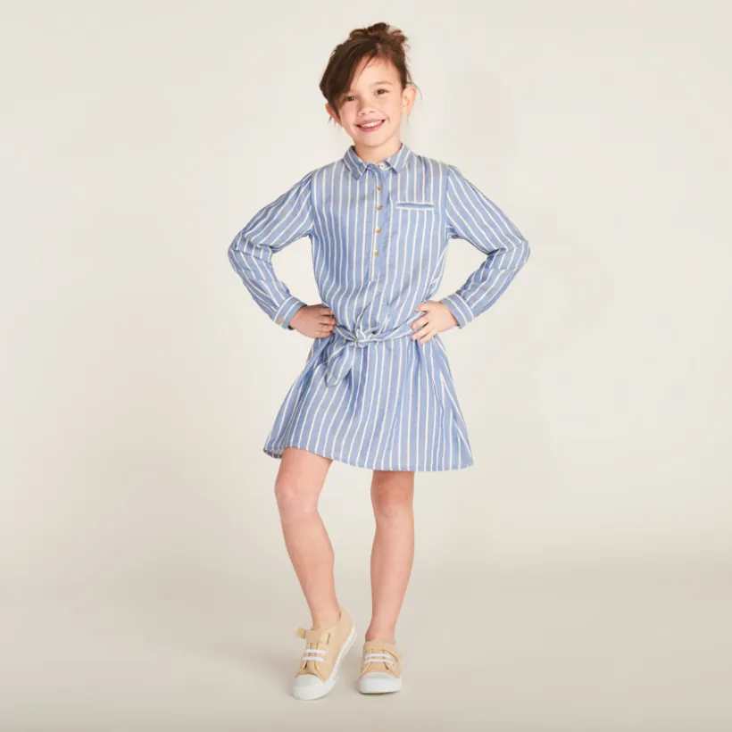 Robe chemise manches longues à rayures avec ceinture pour fille