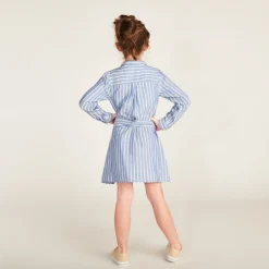 Robe chemise manches longues à rayures avec ceinture pour fille