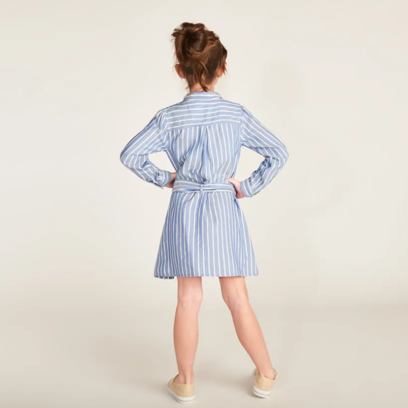 Robe chemise manches longues à rayures avec ceinture pour fille