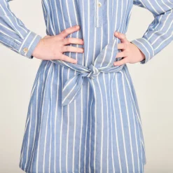 Robe chemise manches longues à rayures avec ceinture pour fille