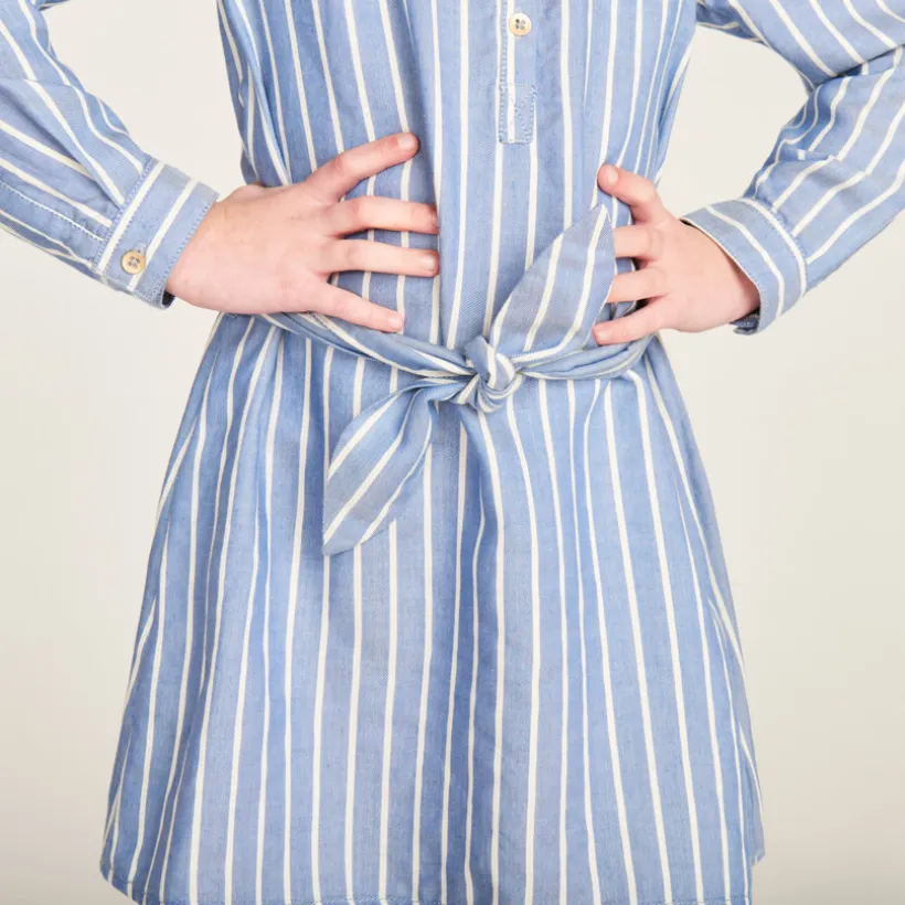 Robe chemise manches longues à rayures avec ceinture pour fille