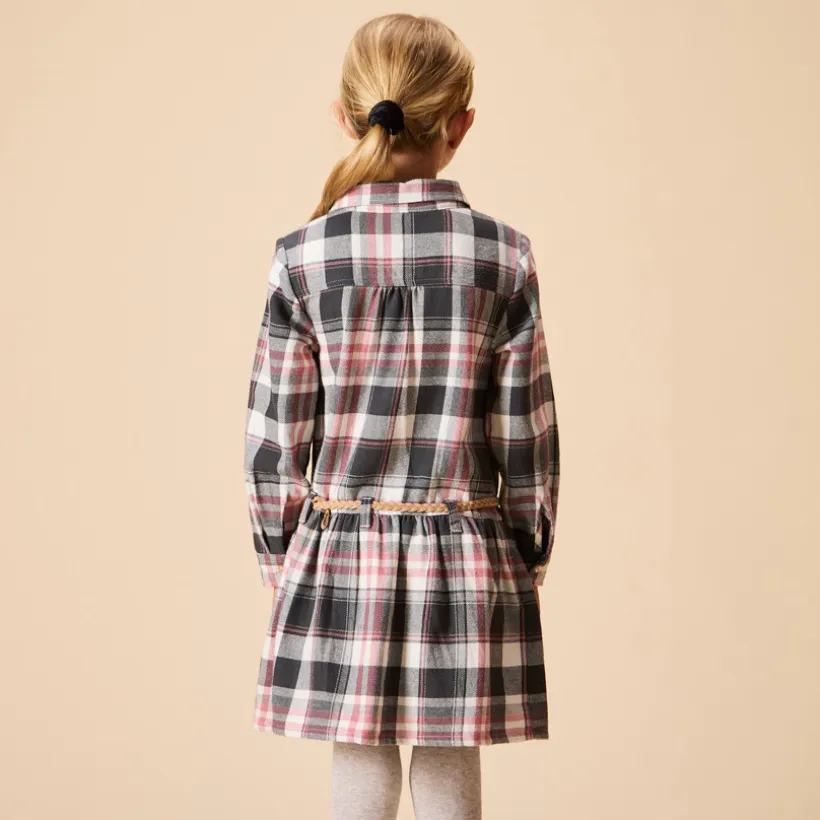 Robe chemise manches longues ceinturée à carreaux pour fille