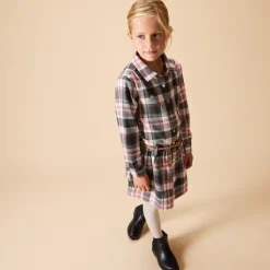 Robe chemise manches longues ceinturée à carreaux pour fille