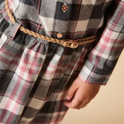 Robe chemise manches longues ceinturée à carreaux pour fille
