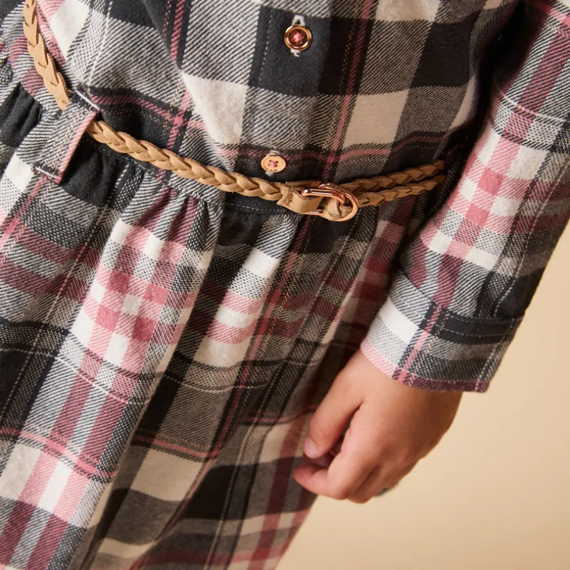 Robe chemise manches longues ceinturée à carreaux pour fille