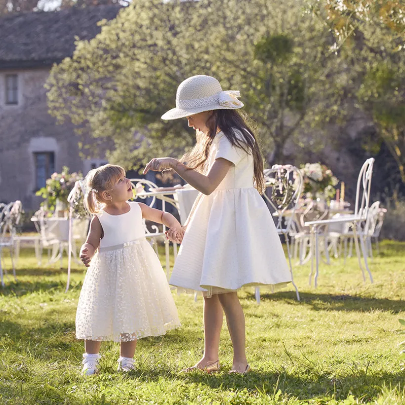 Robe de cérémonie manches courtes en jacquard fleuri pour fille