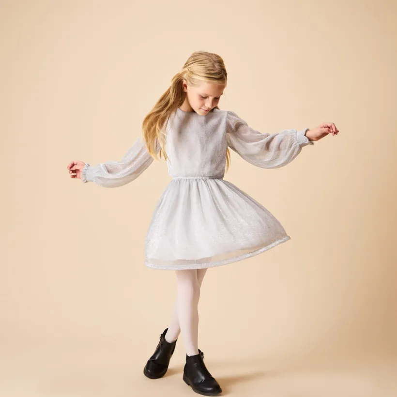 Robe de fête argentée à manches longues bouffantes pour fille