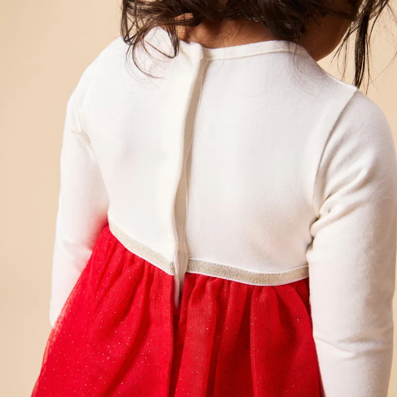 Robe de fête manches longues effet 2 en 1 bi-matière pour bébé fille