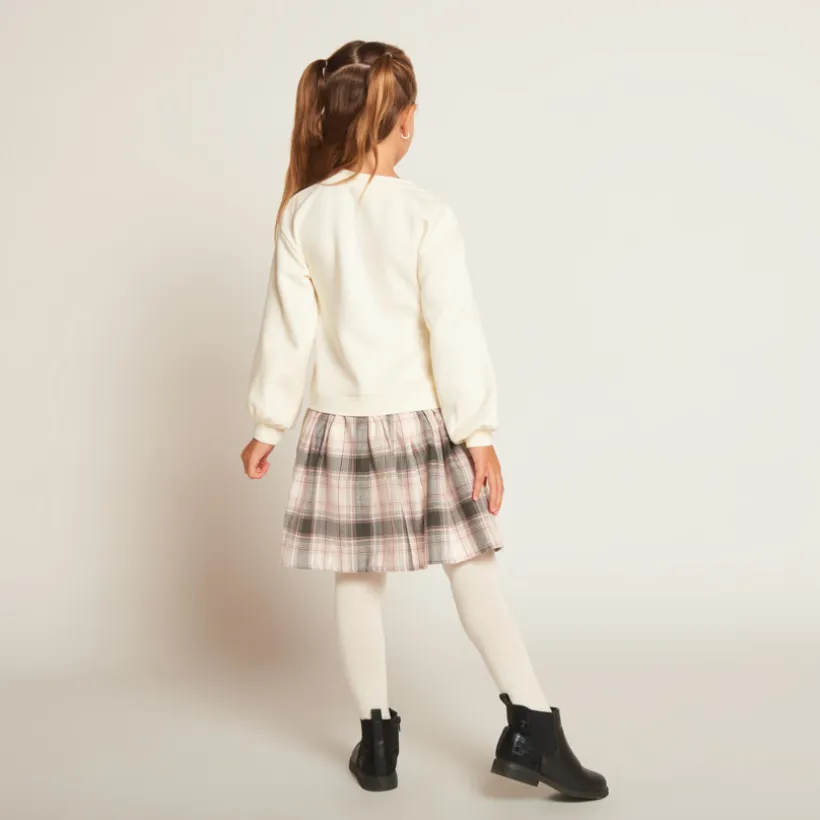 Robe effet 2 en 1 bi-matière motifs carreaux pour fille