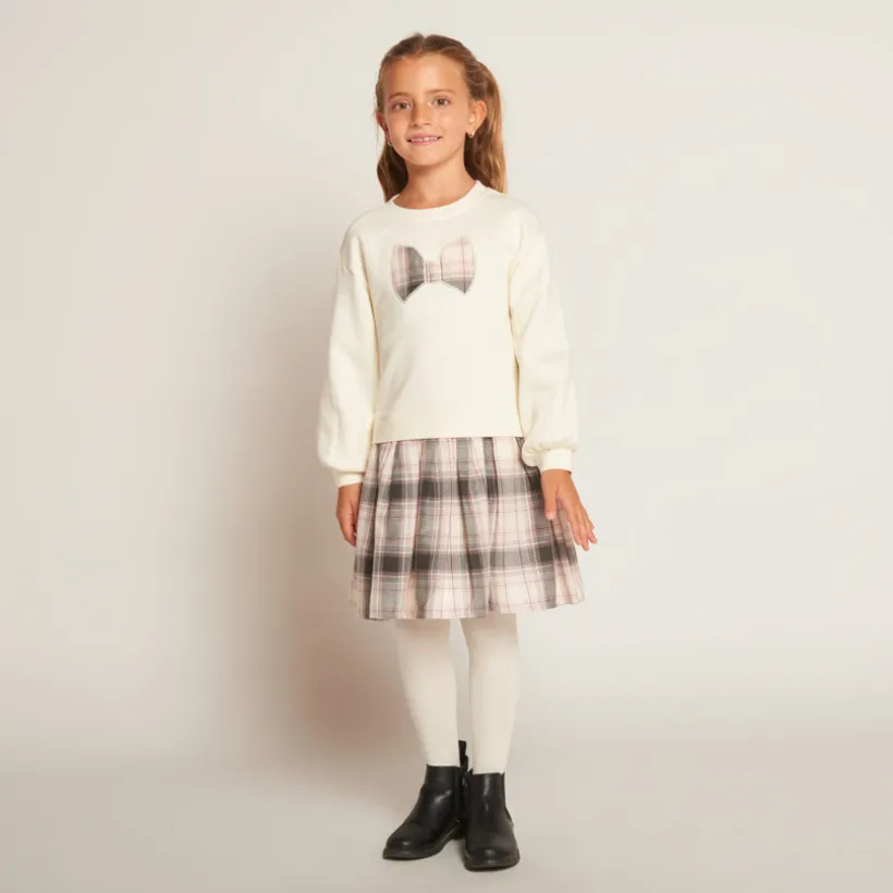 Robe effet 2 en 1 bi-matière motifs carreaux pour fille