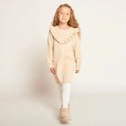 Robe en tricot uni et ajouré avec volants pour fille