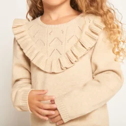 Robe en tricot uni et ajouré avec volants pour fille