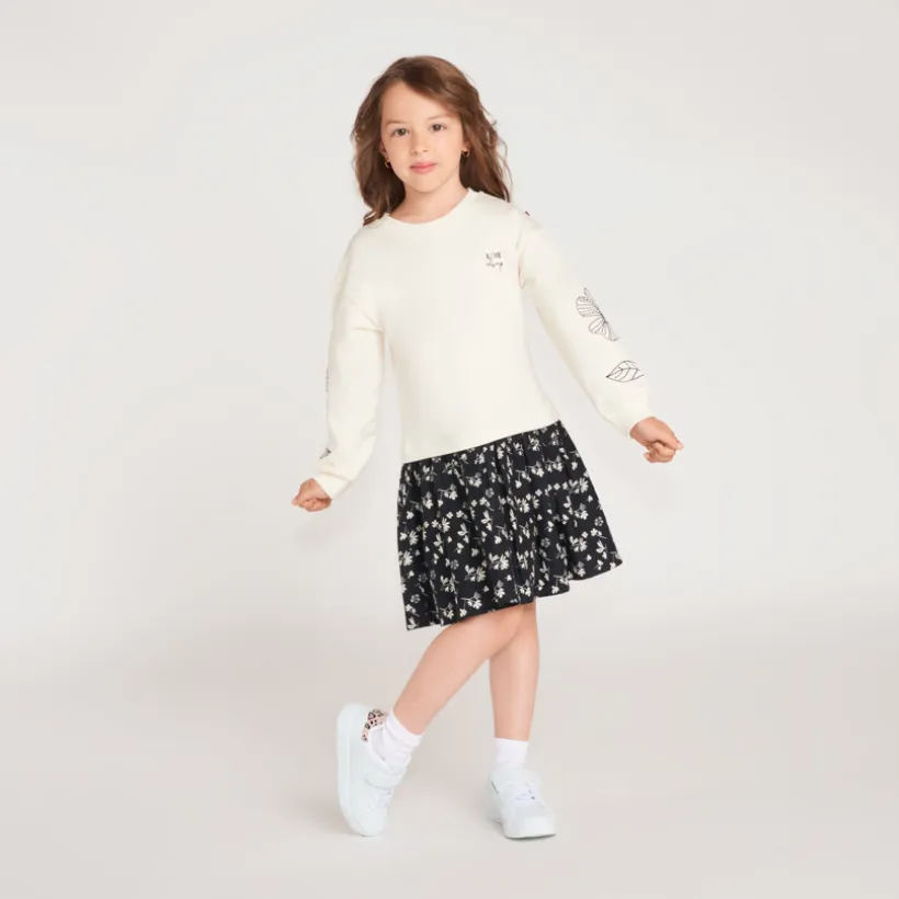 Robe fille bi-matière manches longues broderie fleurie