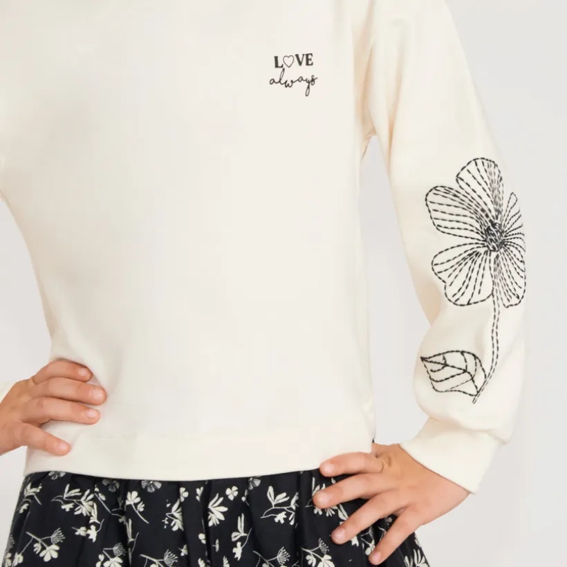 Robe fille bi-matière manches longues broderie fleurie