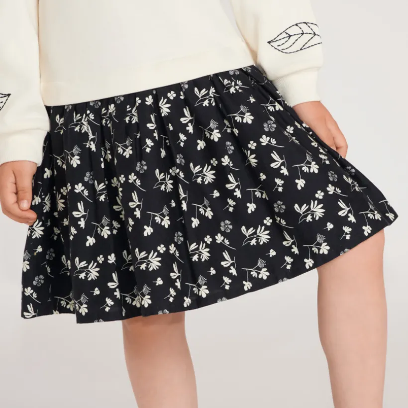 Robe fille bi-matière manches longues broderie fleurie