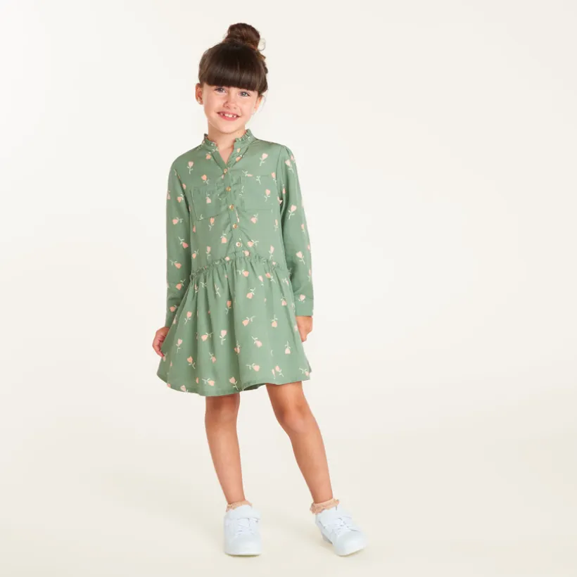 Robe fille col mao manches longues imprimé tulipes