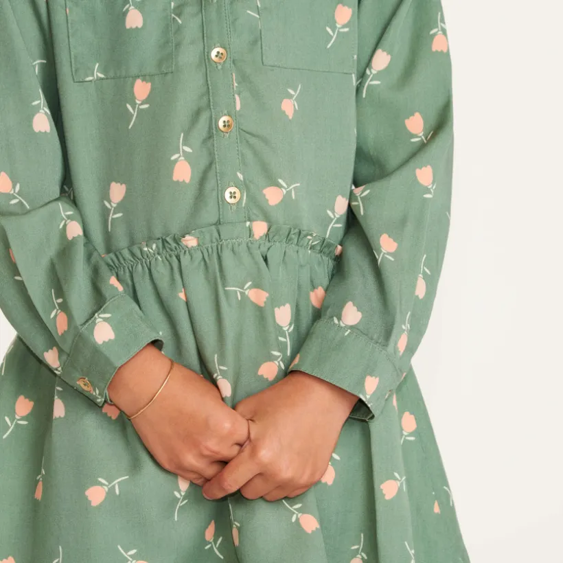 Robe fille col mao manches longues imprimé tulipes