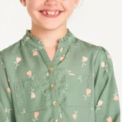 Robe fille col mao manches longues imprimé tulipes