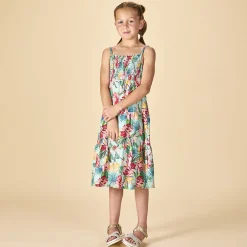 Robe longue volantée imprimé tropical pour fille