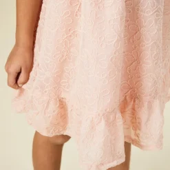 Robe manches courtes en crêpe et tulle avec motif floral en cording pour fille