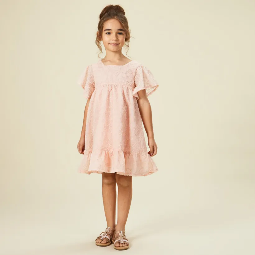 Robe manches courtes en crêpe et tulle avec motif floral en cording pour fille