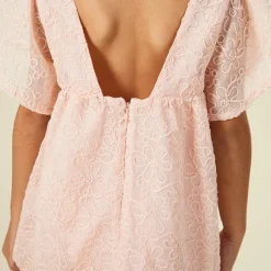 Robe manches courtes en crêpe et tulle avec motif floral en cording pour fille