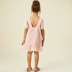 Robe manches courtes en crêpe et tulle avec motif floral en cording pour fille