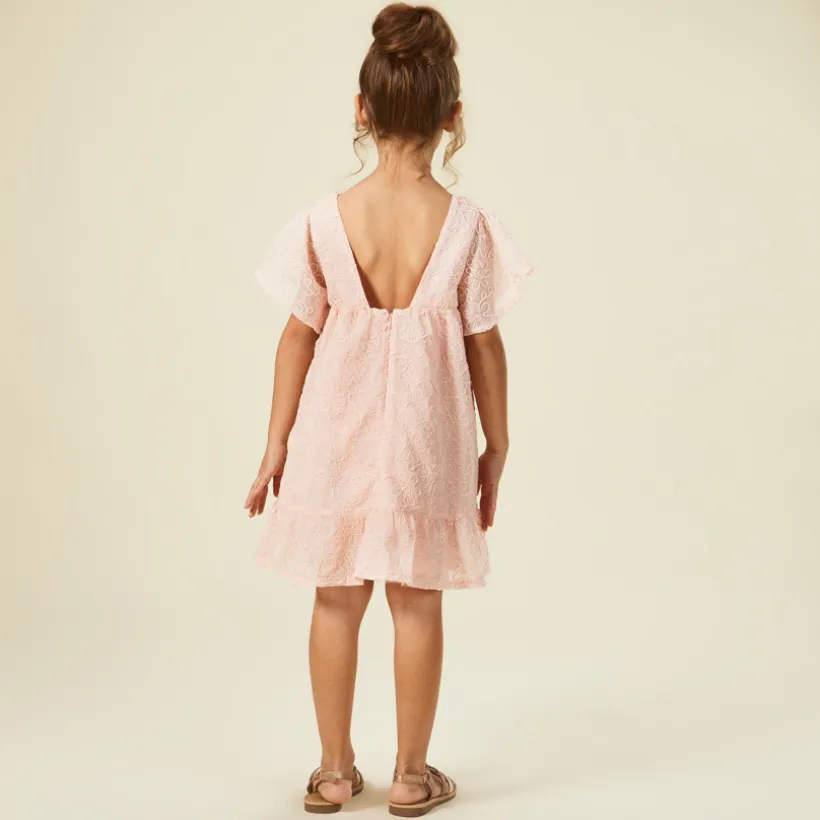 Robe manches courtes en crêpe et tulle avec motif floral en cording pour fille