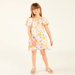 Robe manches courtes en sergé imprimée fleurs pour fille