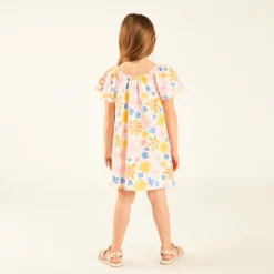 Robe manches courtes en sergé imprimée fleurs pour fille