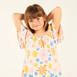 Robe manches courtes en sergé imprimée fleurs pour fille