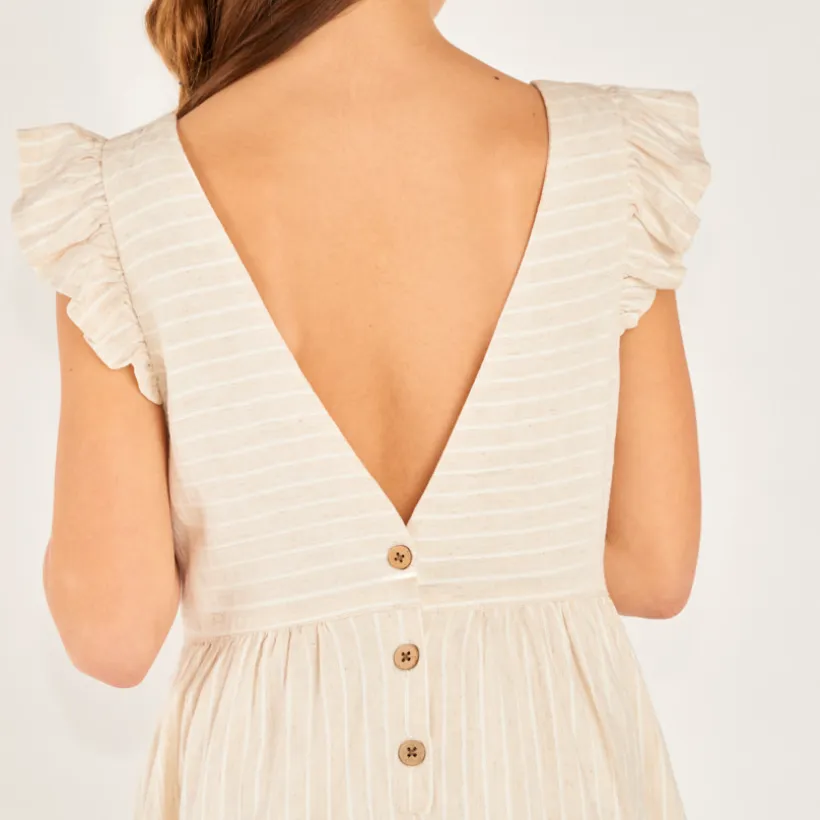 Robe manches courtes en toile à rayures avec dos en V pour fille