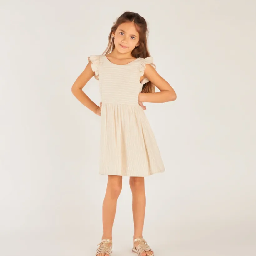 Robe manches courtes en toile à rayures avec dos en V pour fille