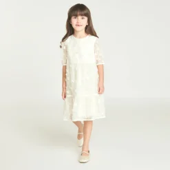 Robe à manches courtes en toile avec fleurs 3D pour fille