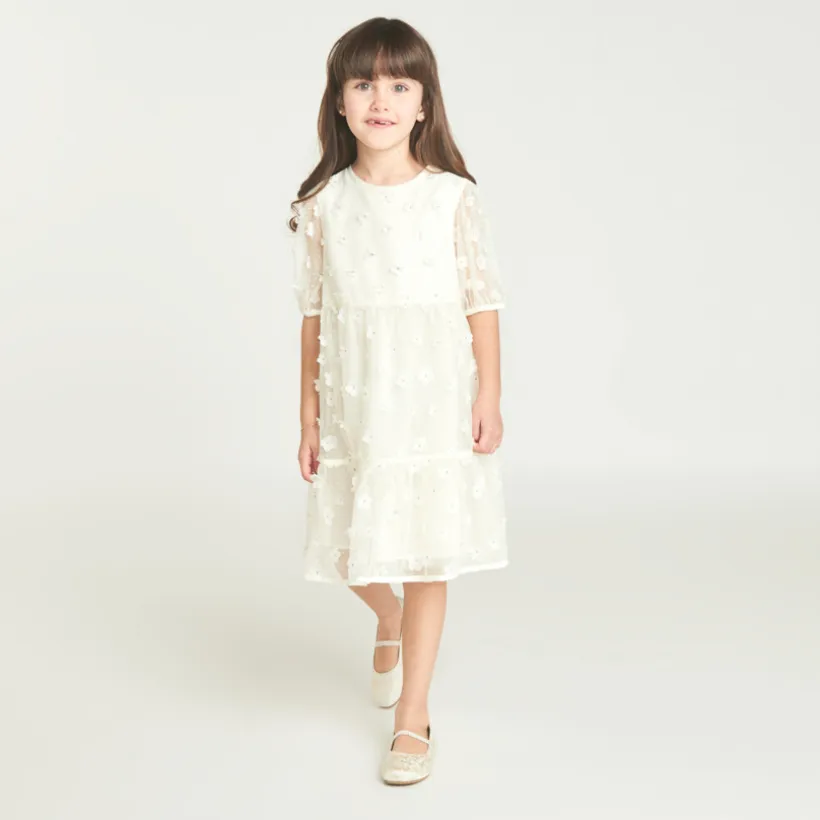 Robe à manches courtes en toile avec fleurs 3D pour fille