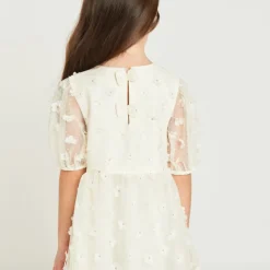 Robe à manches courtes en toile avec fleurs 3D pour fille