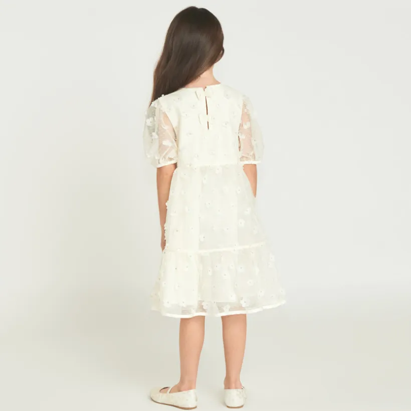 Robe à manches courtes en toile avec fleurs 3D pour fille