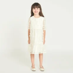 Robe à manches courtes en toile avec fleurs 3D pour fille