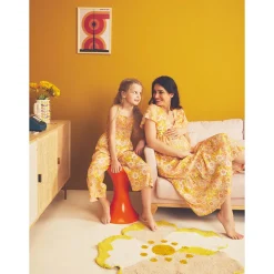 Robe manches courtes volantée imprimé rétro pour femme