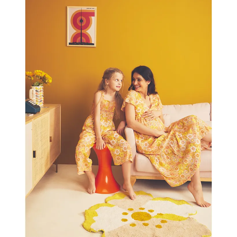 Robe manches courtes volantée imprimé rétro pour femme