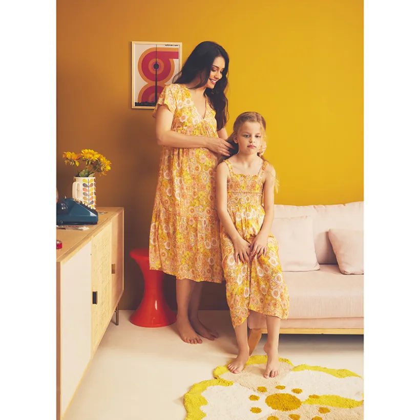 Robe manches courtes volantée imprimé rétro pour femme