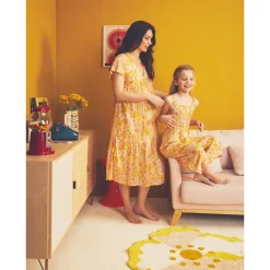 Robe manches courtes volantée imprimé rétro pour femme