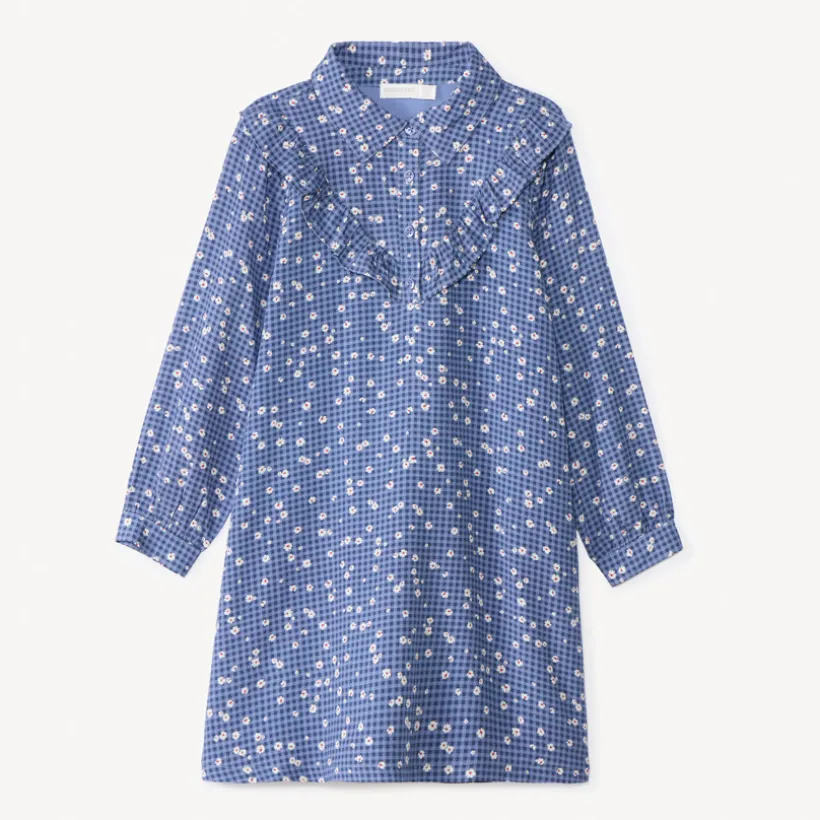 Robe manches longues à carreaux imprimé fleurs pour fille