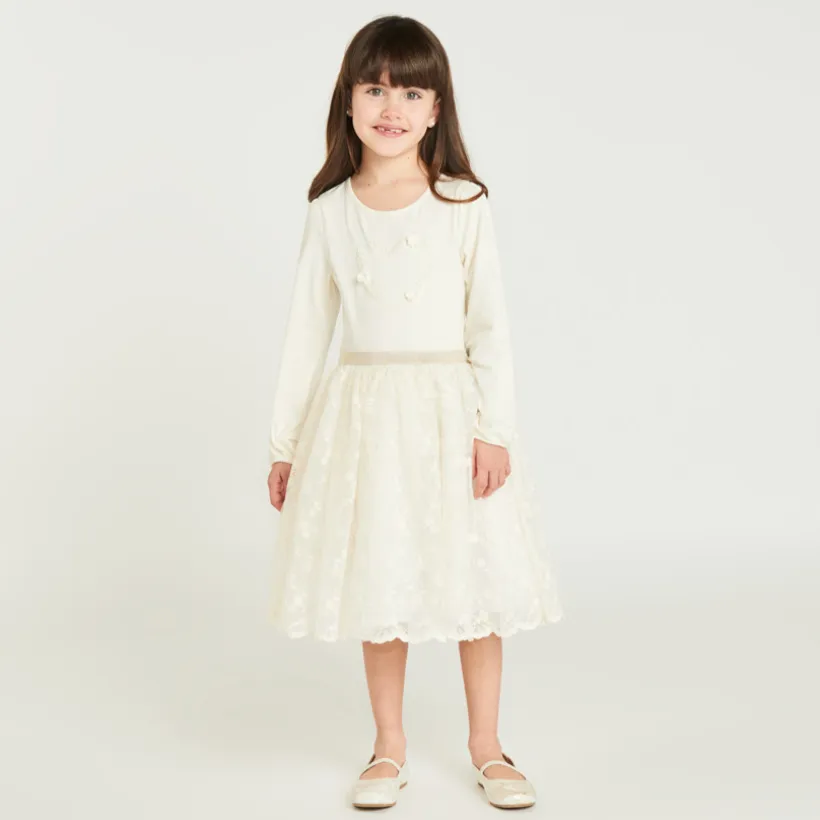 Robe manches longues effet 2 en 1 en tulle brodé pour fille