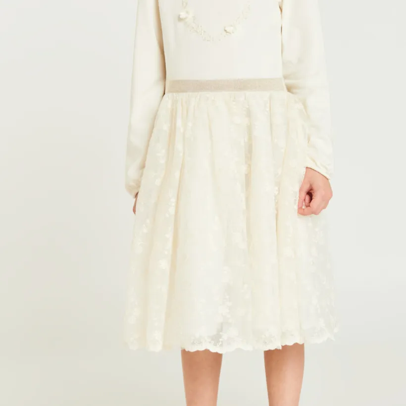 Robe manches longues effet 2 en 1 en tulle brodé pour fille