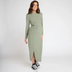Robe manches longues en maille côtelée uni pour femme